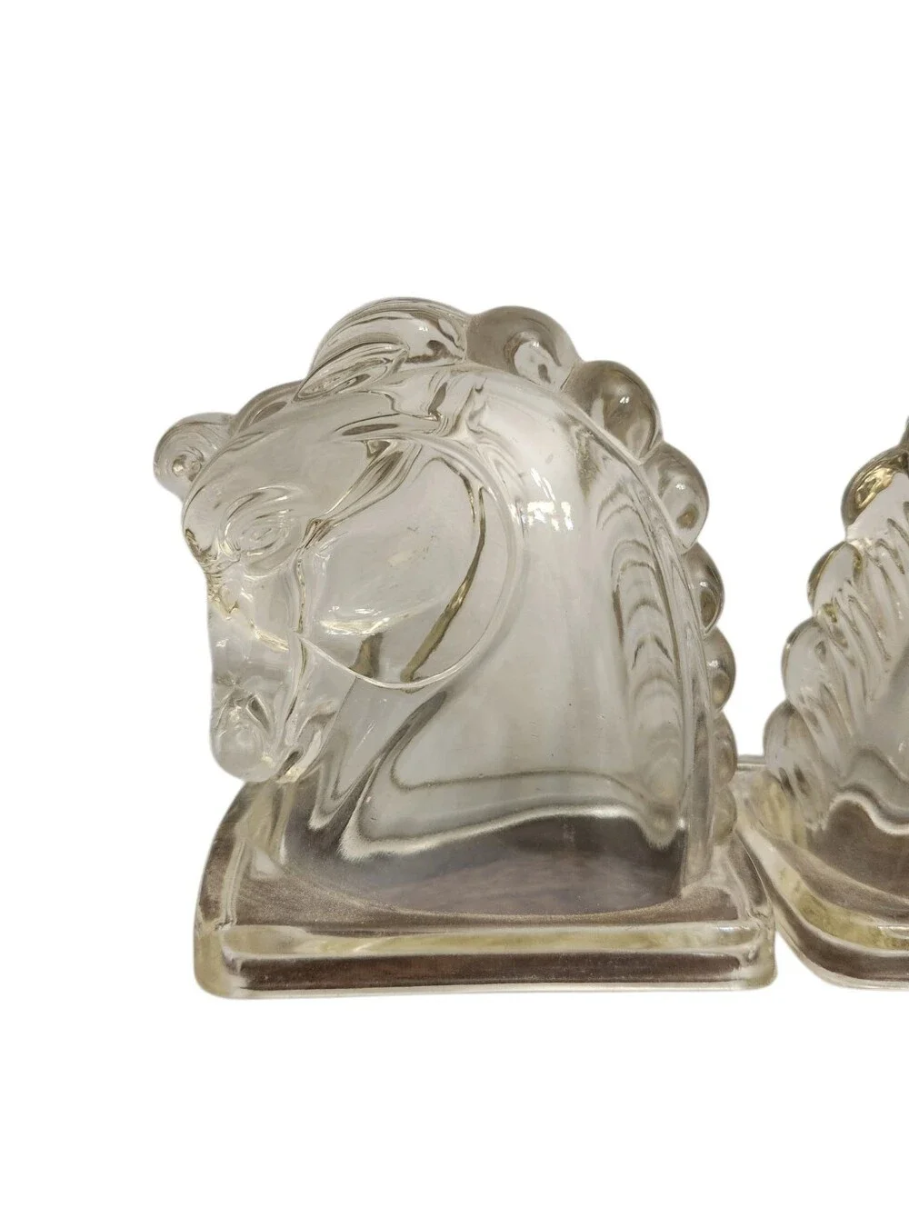 Vintage Mid Century Clear Glass Horse Head Bookends Paperweights Art Deco Hollow